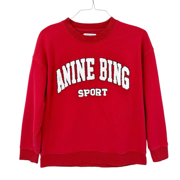 Anine Bing Tops - ANINE BING Sweatshirt Logo Embroidered Pullover Crew Neck Red